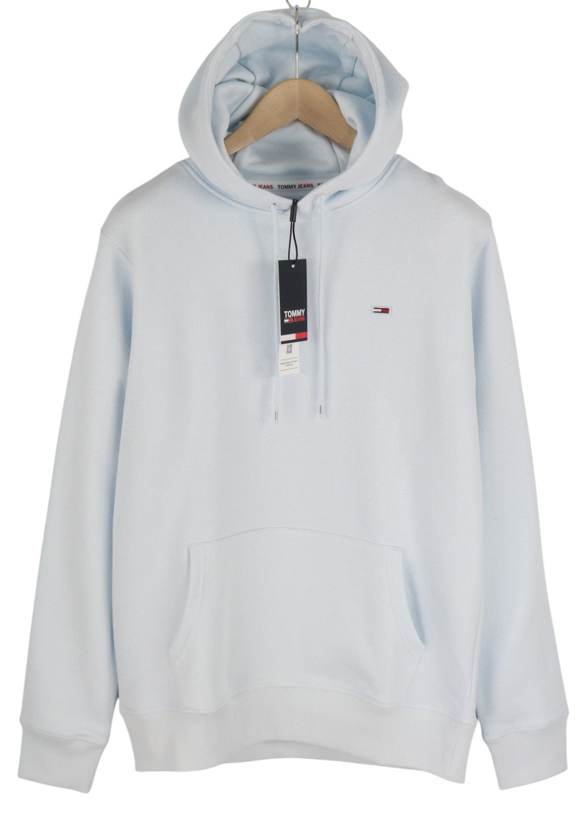 TOMMY HILFIGER Men Hoodie L Light Blue Hooded Kangaroo Pocket Logo Pull On