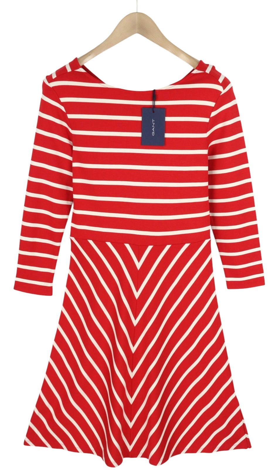 GANT Striped Women Dress S Red Jersey Round Neck 3/4 Sleeve Knee-Length