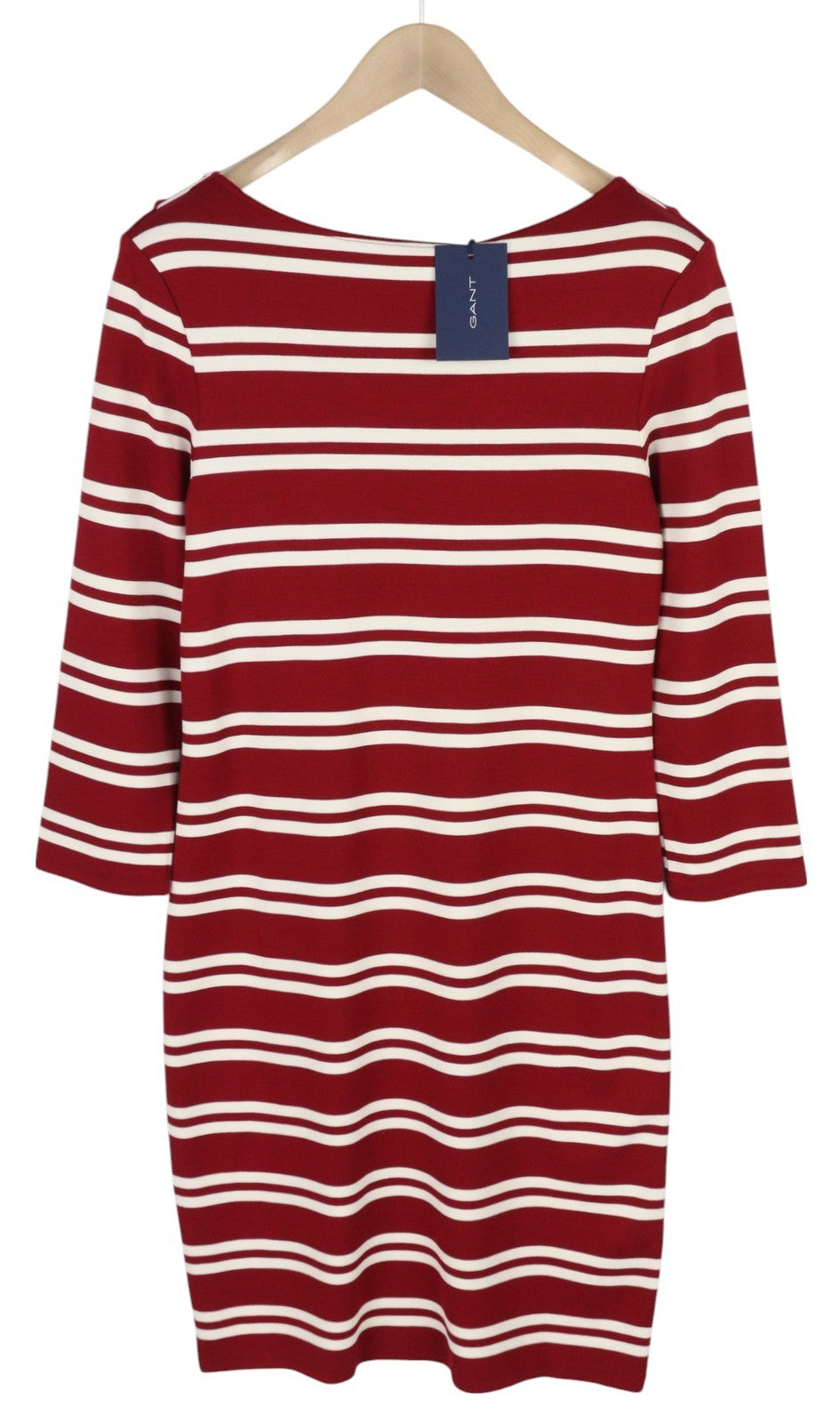 GANT Striped Women Dress S Burgundy Jersey Round Neck 3/4 Sleeve Knee-Length