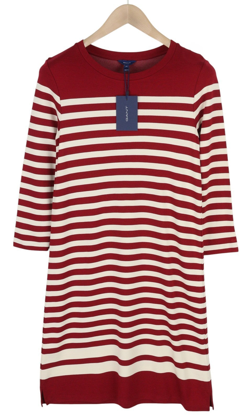 GANT Striped Shift Women Dress XS Burgundy 3/4 Sleeve Round Neck Knee-Length