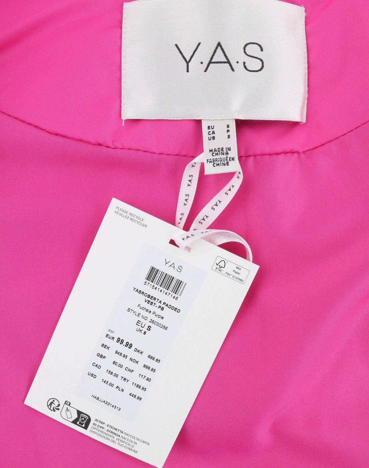 YAS Roberta Padded Women Waistcoat S Pink Quilted High Neck Full Zip Vest