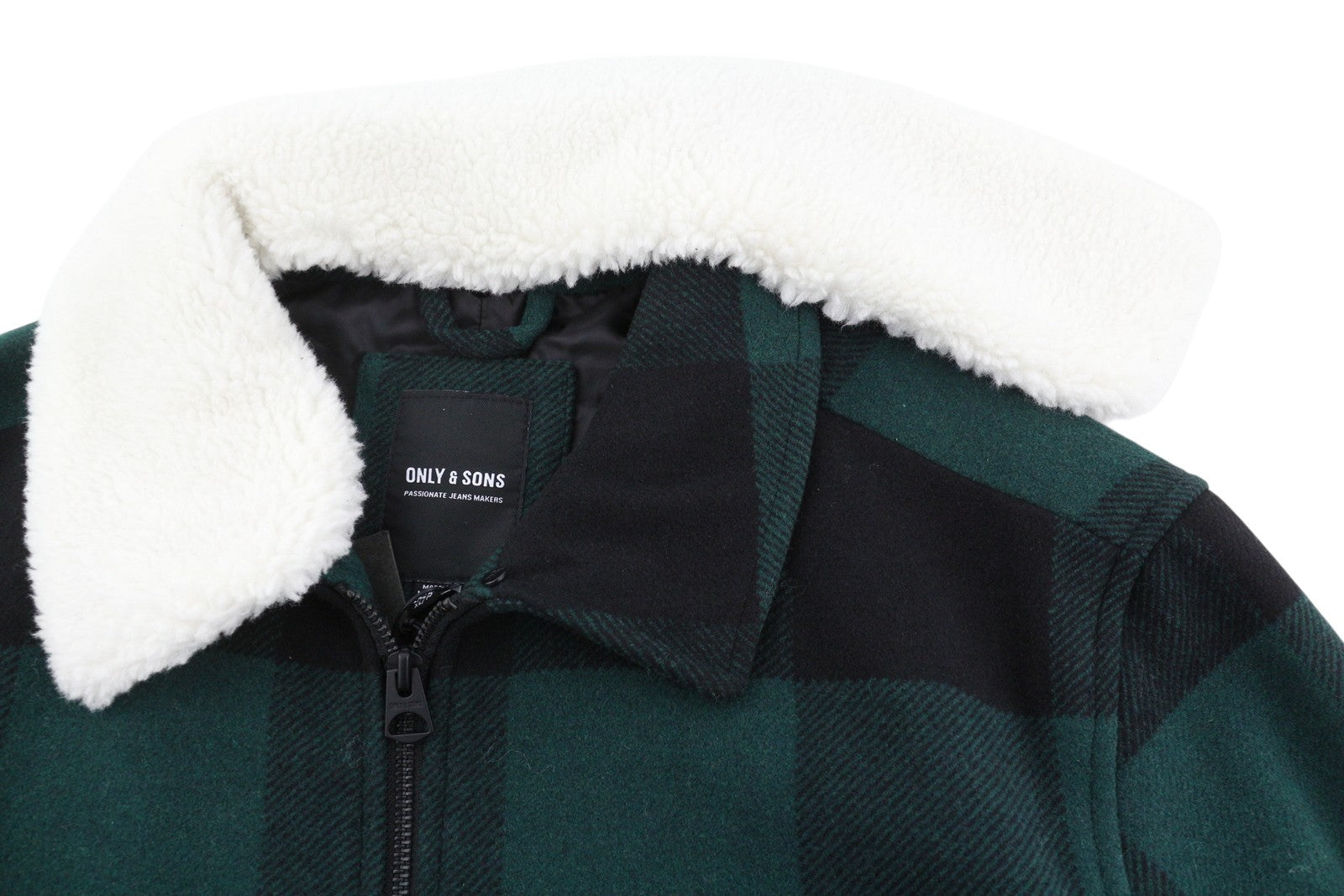 ONLY & SONS Ron Check Men Jacket XL Green Wool Blend Removable Sherpa Neck