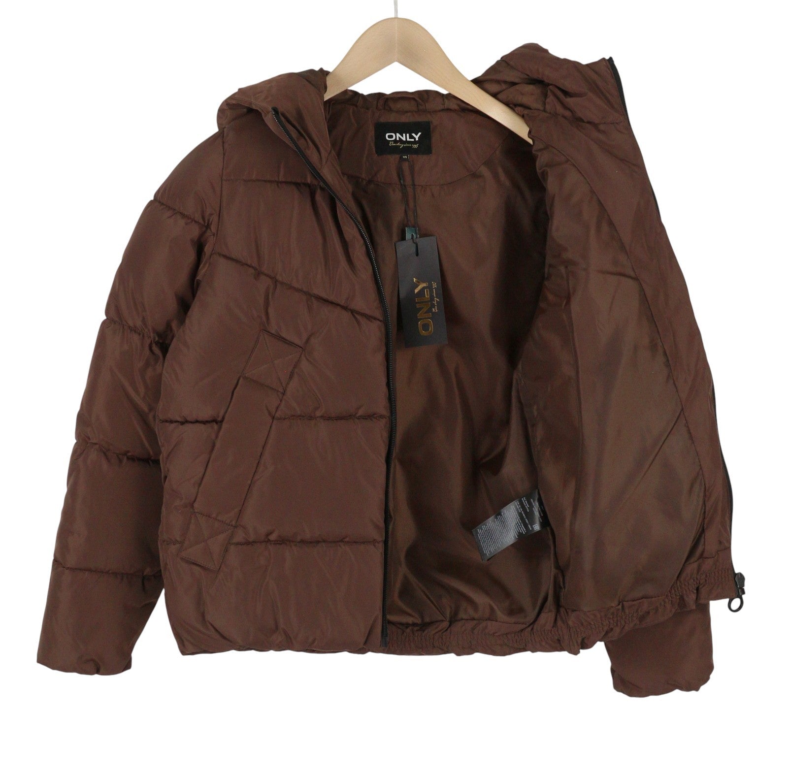 ONLY Lada Short Women Jacket XS Brown Padded Quilted Hooded Full Zip Puffer