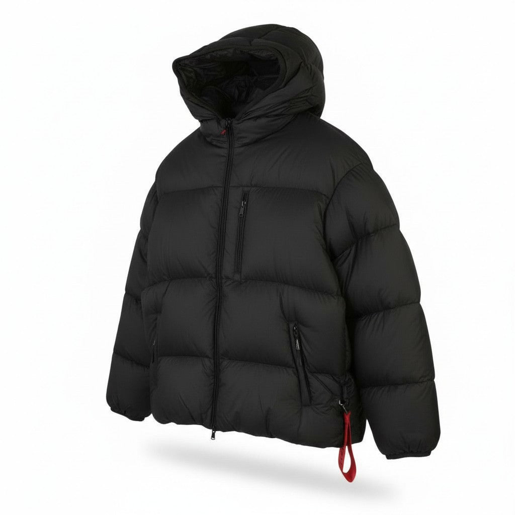 AFTER LABEL Quebec Men Jacket L Black Down Filled Quilted Hooded Puffer RRP500