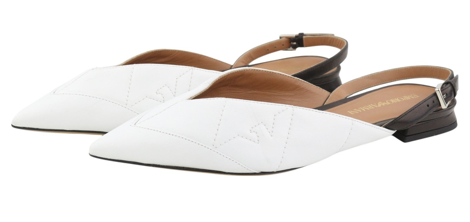 EMPORIO ARMANI X3D247 Women Flats EU37 White Leather Pointed Slip On Logo