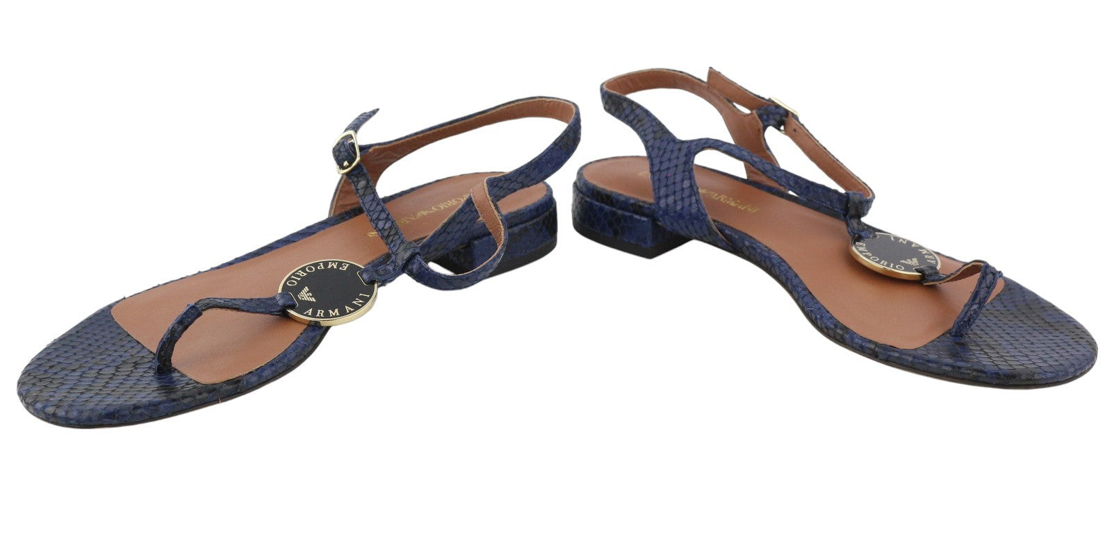 EMPORIO ARMANI X3Q065 Women Sandals EU37 Blue Leather Flat Logo Print RRP212