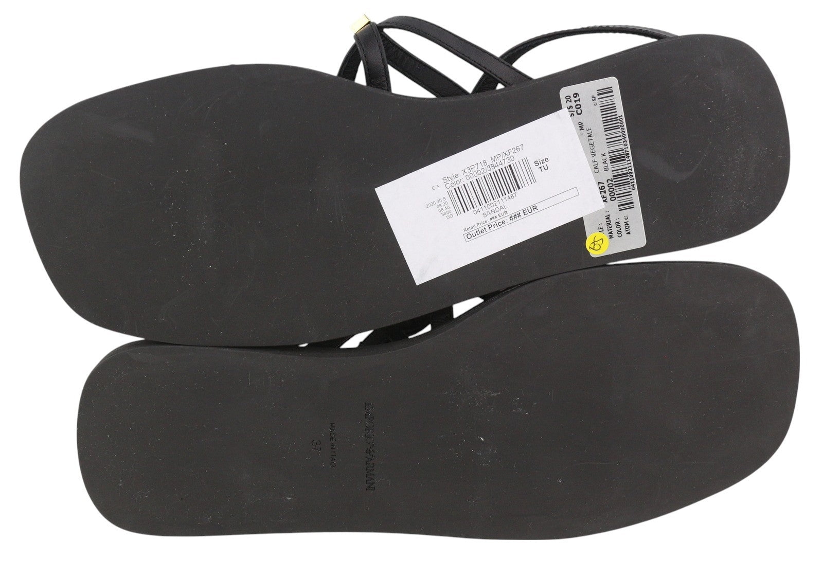 EMPORIO ARMANI X3P718 Women Sandals EU37 Black Leather Strapless Flat Casual