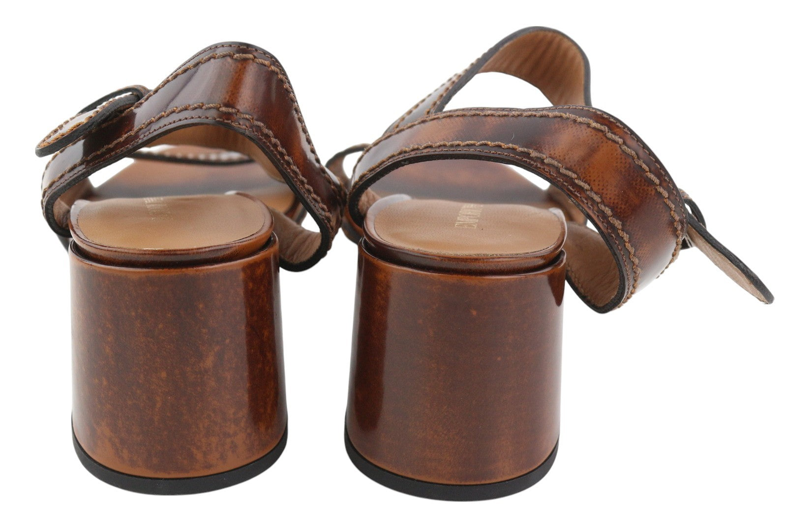 EMPORIO ARMANI Women Heels EU37 Brown Leather Block Heel Buckle Casual