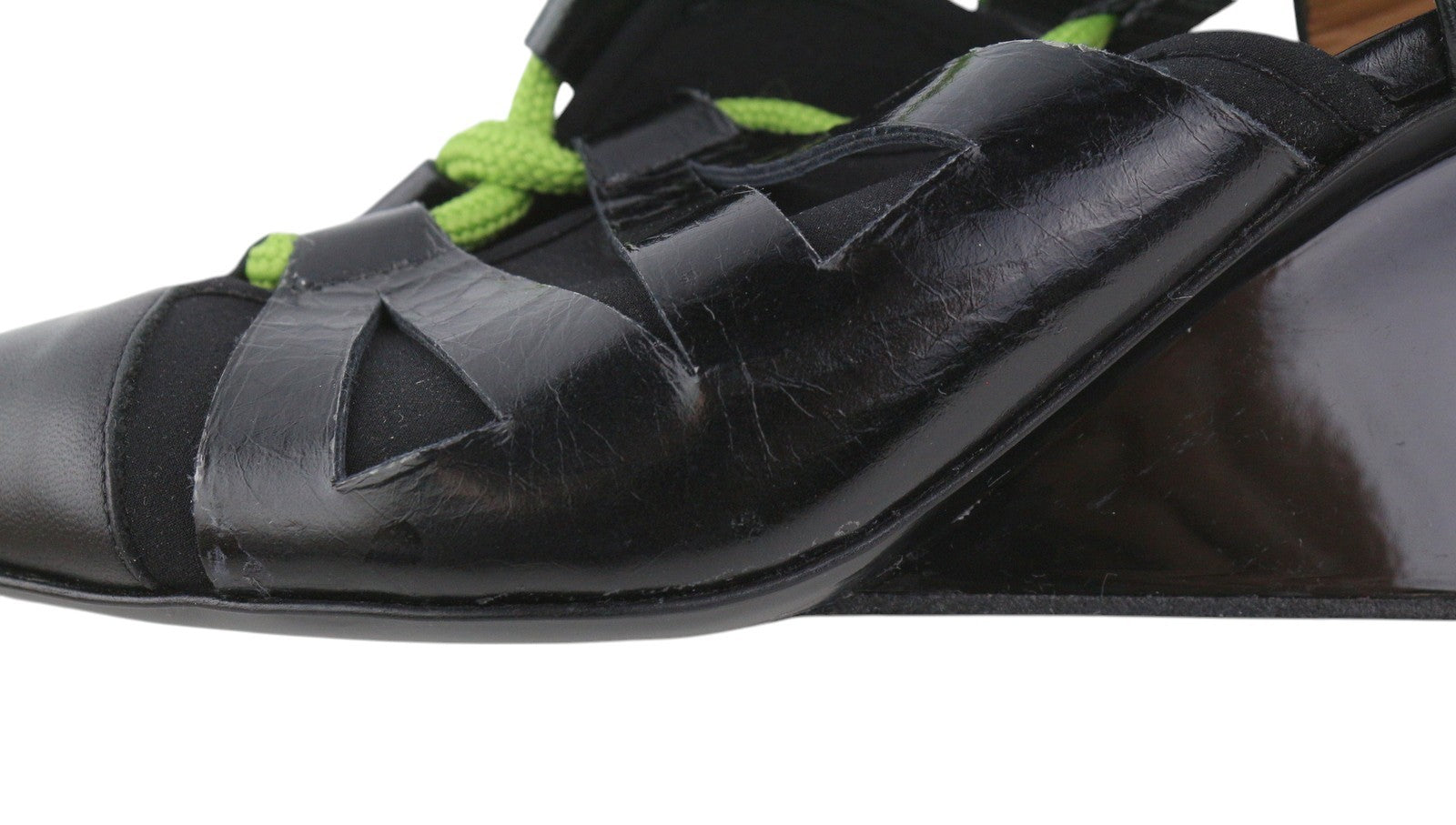 EMPORIO ARMANI Women Heels EU37 Black Leather Pointed Green Drawstring Detail