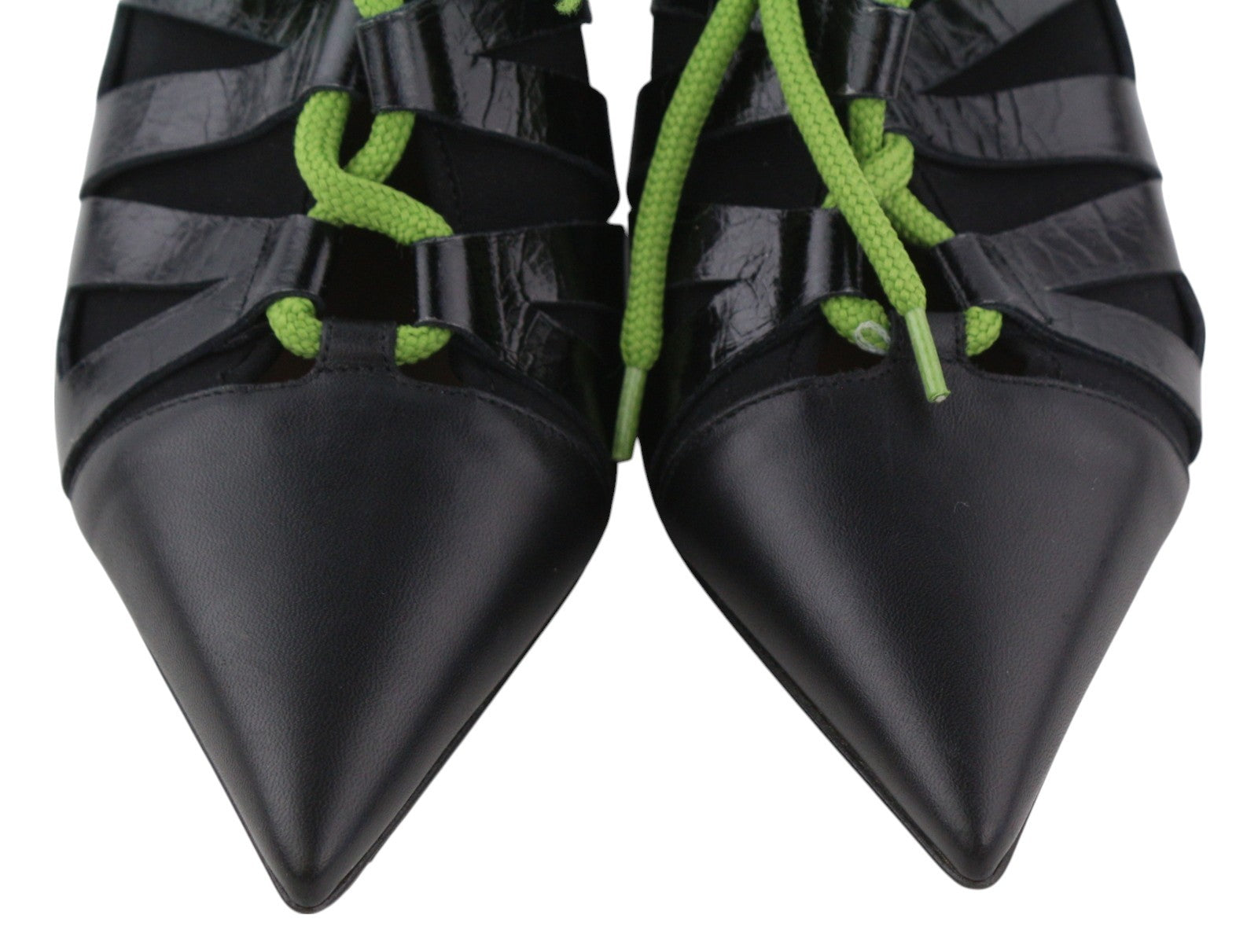 EMPORIO ARMANI Women Heels EU37 Black Leather Pointed Green Drawstring Detail