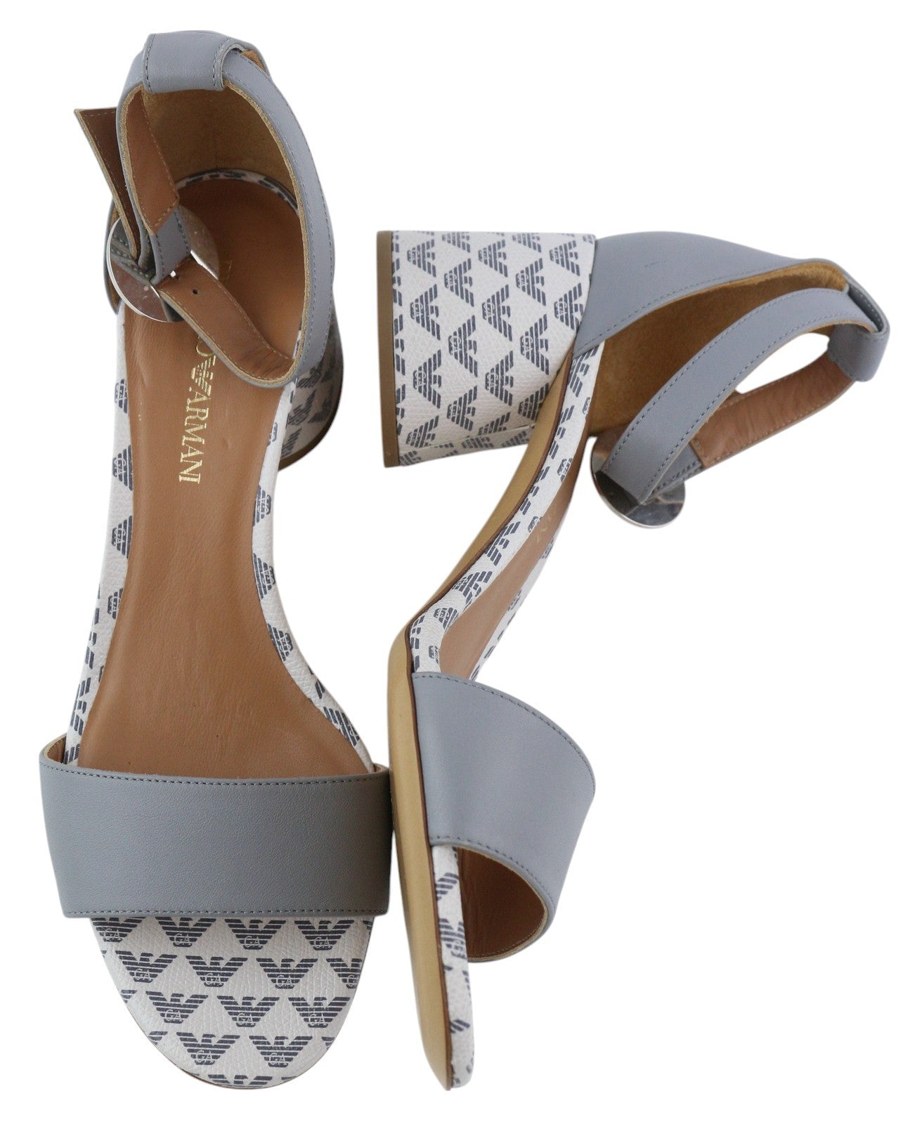 EMPORIO ARMANI X3P708 Women Heels EU37 Grey Leather Logo Print Sandals RRP199