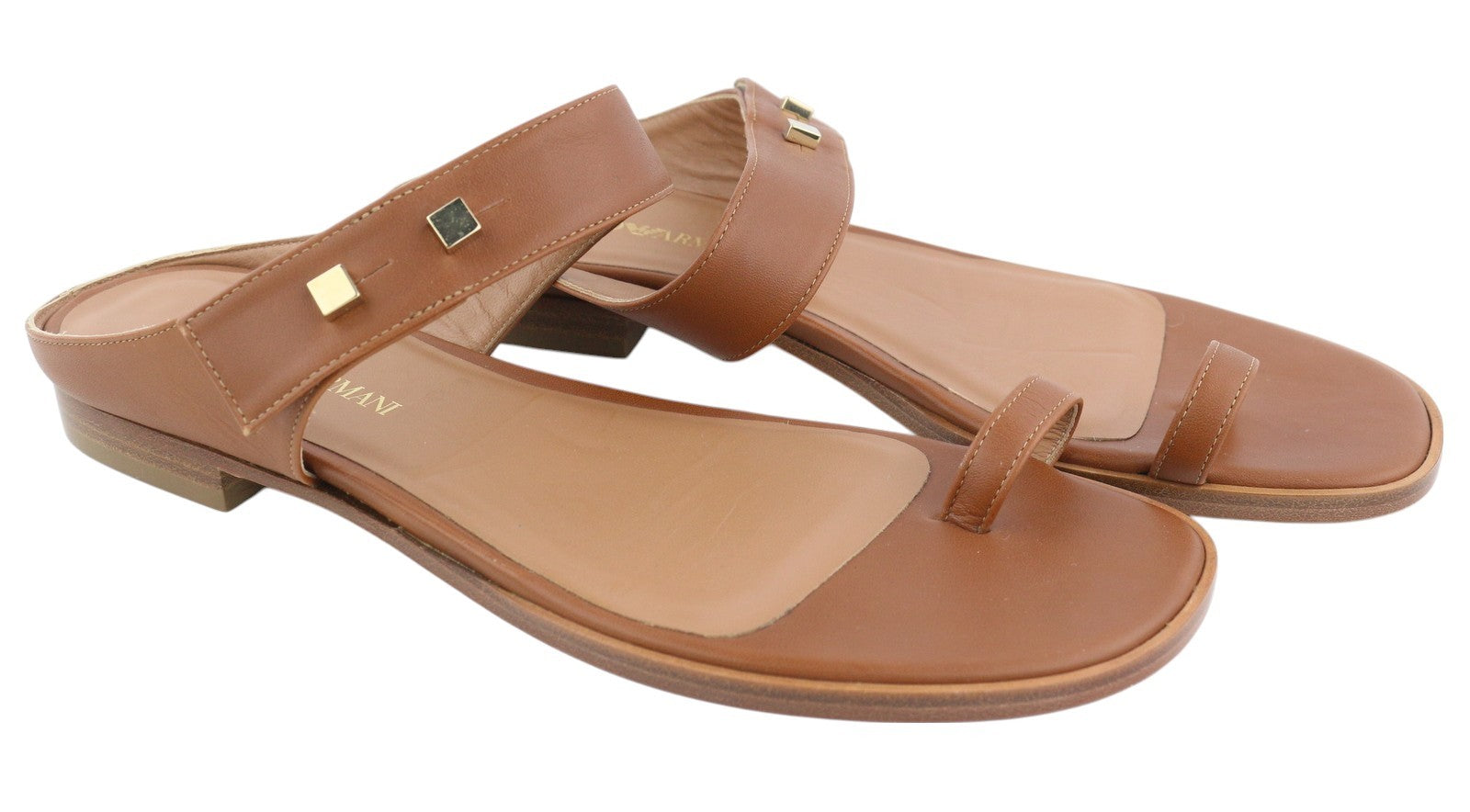 EMPORIO ARMANI X3Q070 Women Flats EU37 Brown Leather Sandals Gold Detail