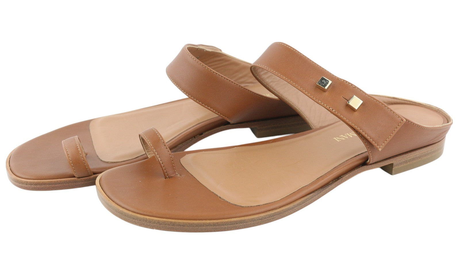 EMPORIO ARMANI X3Q070 Women Flats EU37 Brown Leather Sandals Gold Detail