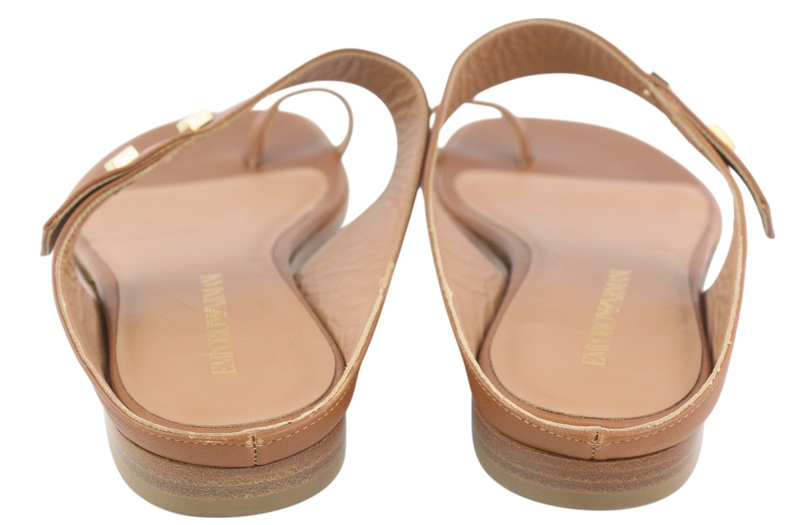 EMPORIO ARMANI X3Q070 Women Flats EU37 Brown Leather Sandals Gold Detail