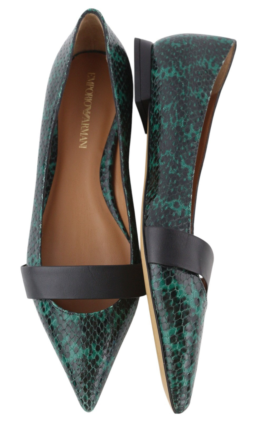 EMPORIO ARMANI Women Flats EU37 Green Snake Print Leather Pointed Ballerina