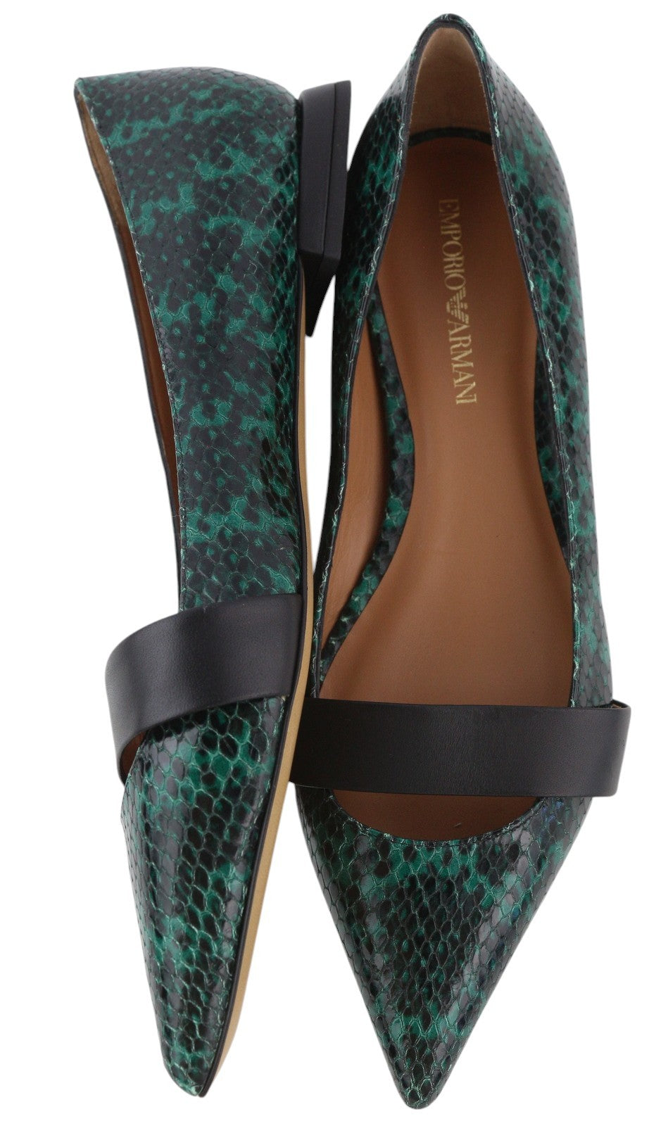 EMPORIO ARMANI Women Flats EU37 Green Snake Print Leather Pointed Ballerina