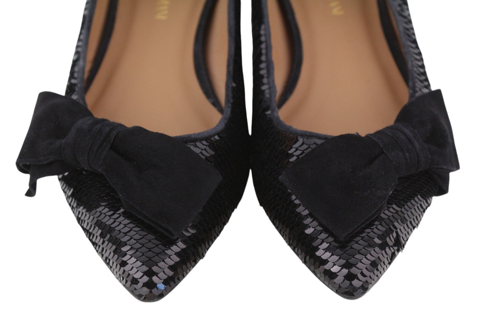 EMPORIO ARMANI X3D230 Women Flats EU37 Black Shiny Sequin Pointed Ballerina