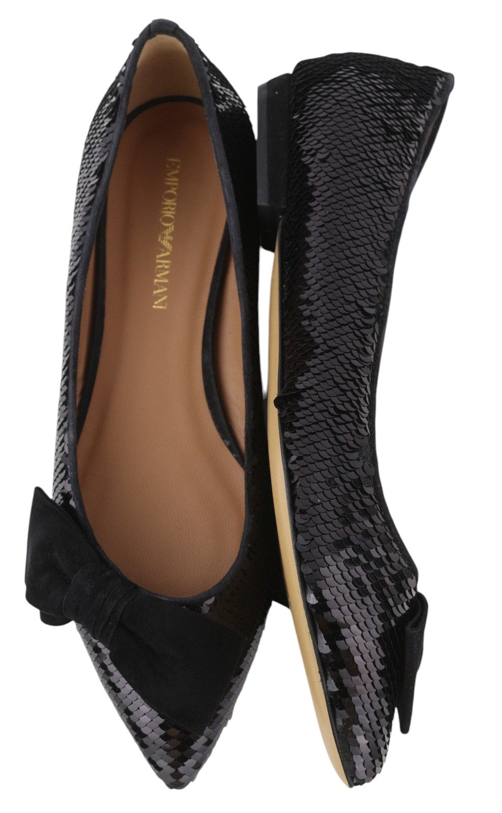 EMPORIO ARMANI X3D230 Women Flats EU37 Black Shiny Sequin Pointed Ballerina