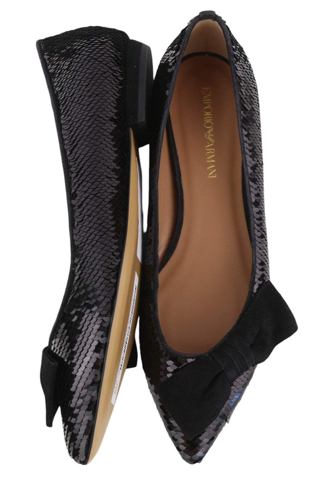 EMPORIO ARMANI X3D230 Women Flats EU37 Black Shiny Sequin Pointed Ballerina