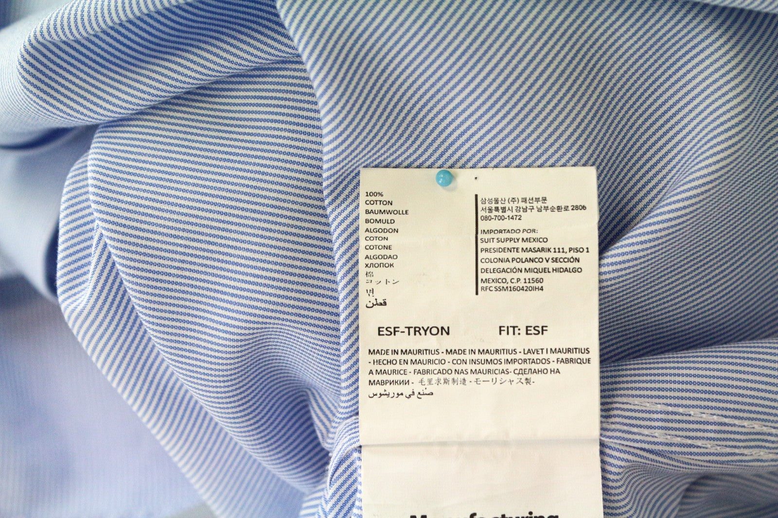 SUITSUPPLY Men's Shirt 46/18 Extra Slim Blue Pure Cotton Long Sleeve Classic