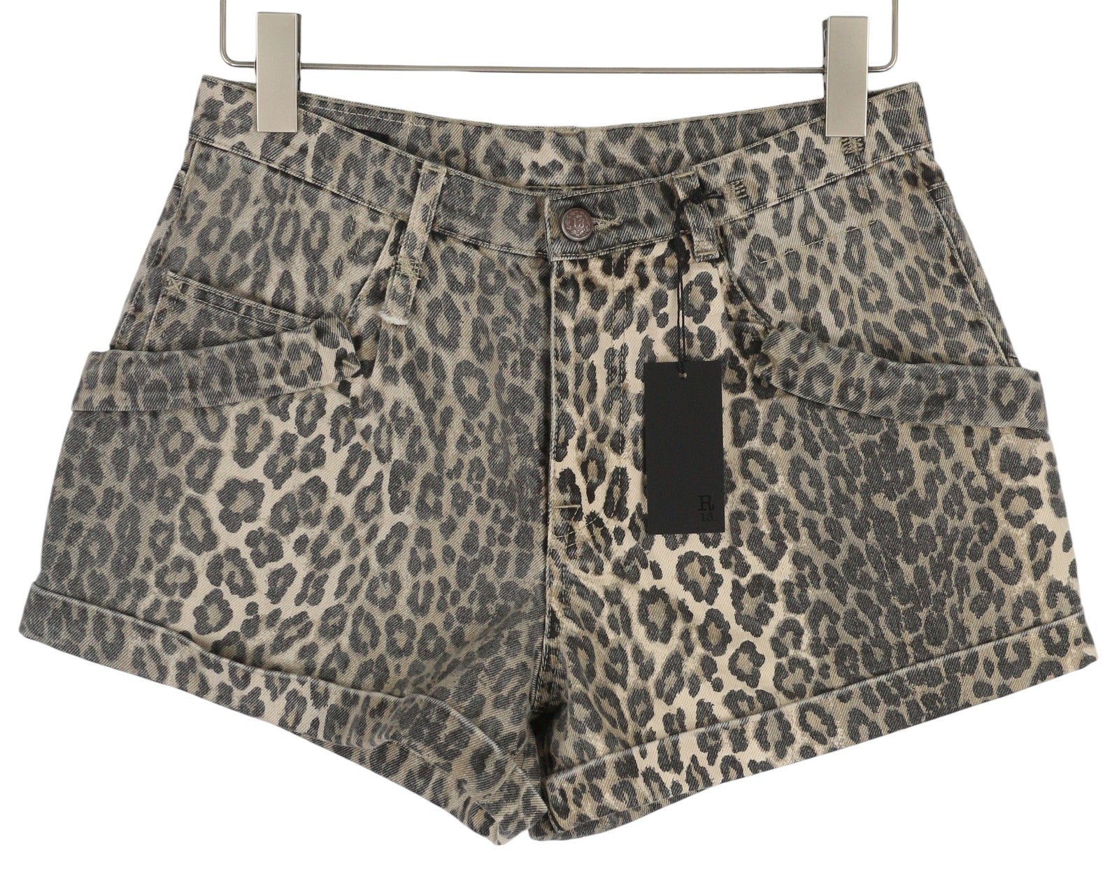 R13 Pouch Pocket Women Shorts 28 Rigid Denim Leopard Print Folded Hem RRP795
