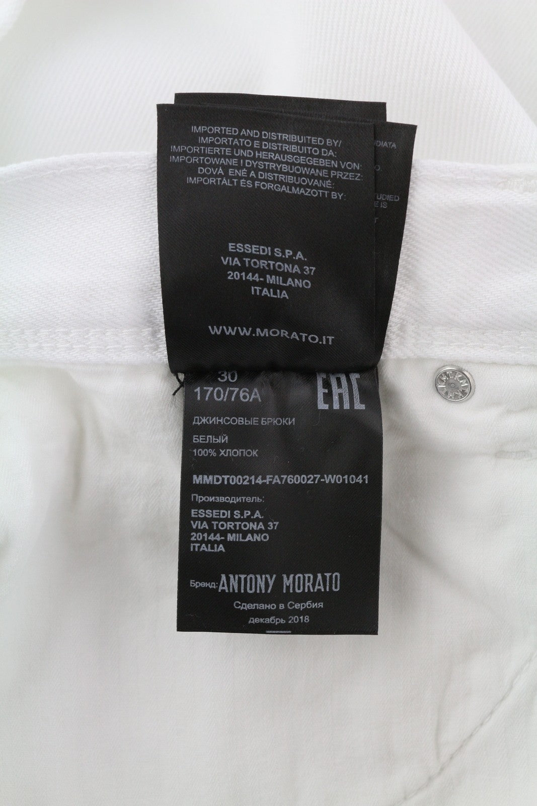 ANTONY MORATO Argon Men Jeans W30 White Slim Fit Ankle Button Fly Denim
