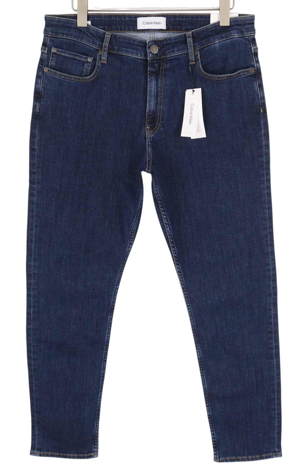 CALVIN KLEIN Men Jeans W34/L32 Dark Blue Tapered Stretch Zip Fly Denim