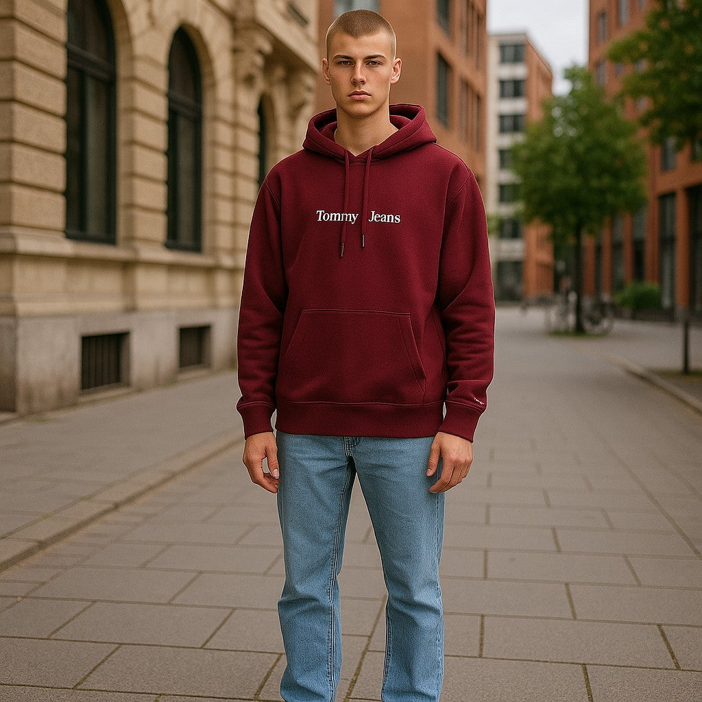 TOMMY HILFIGER Req Linear Men Sweatshirt L Burgundy Kangaroo Pull On