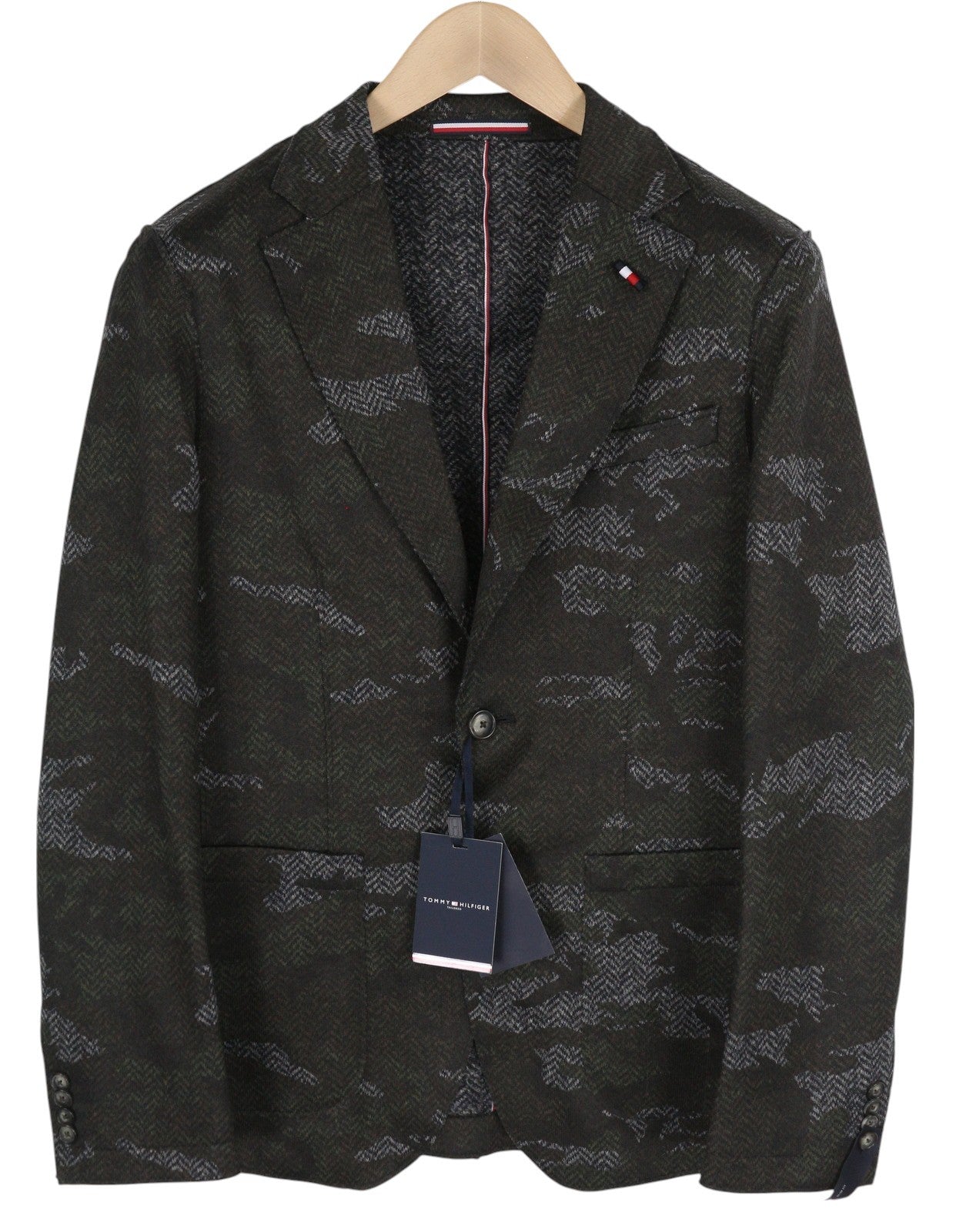 TOMMY HILFIGER Jersey Raw Cut Slim Men Blazer XS Camo Wool Blend THFlex