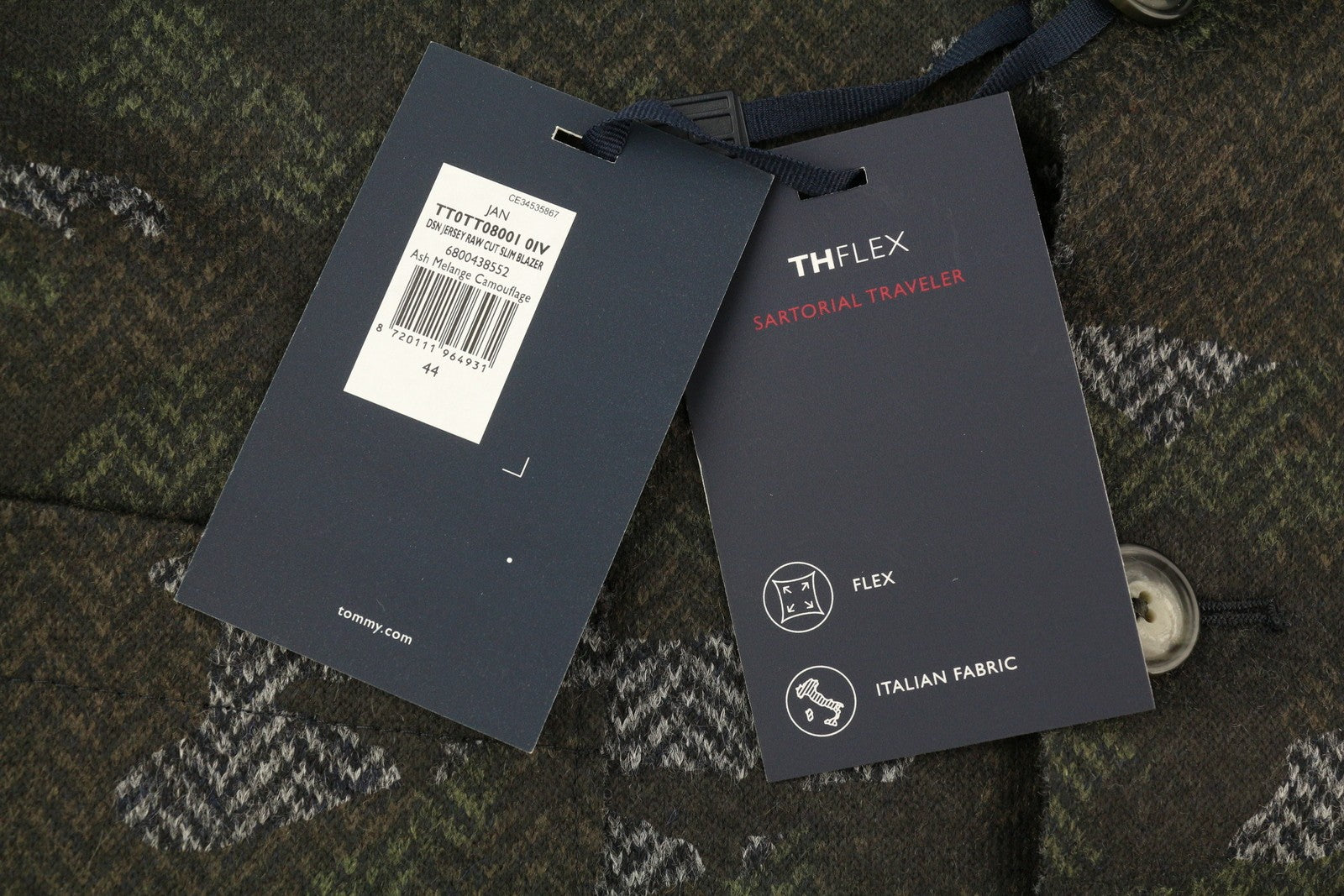 TOMMY HILFIGER Jersey Raw Cut Slim Men Blazer XS Camo Wool Blend THFlex