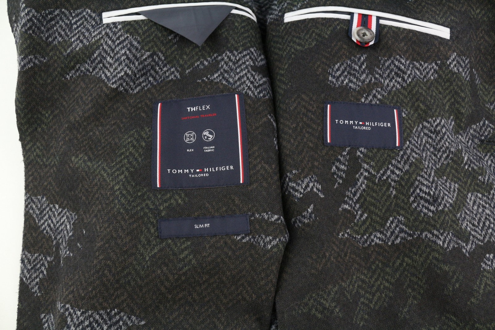 TOMMY HILFIGER Jersey Raw Cut Slim Men Blazer XS Camo Wool Blend THFlex