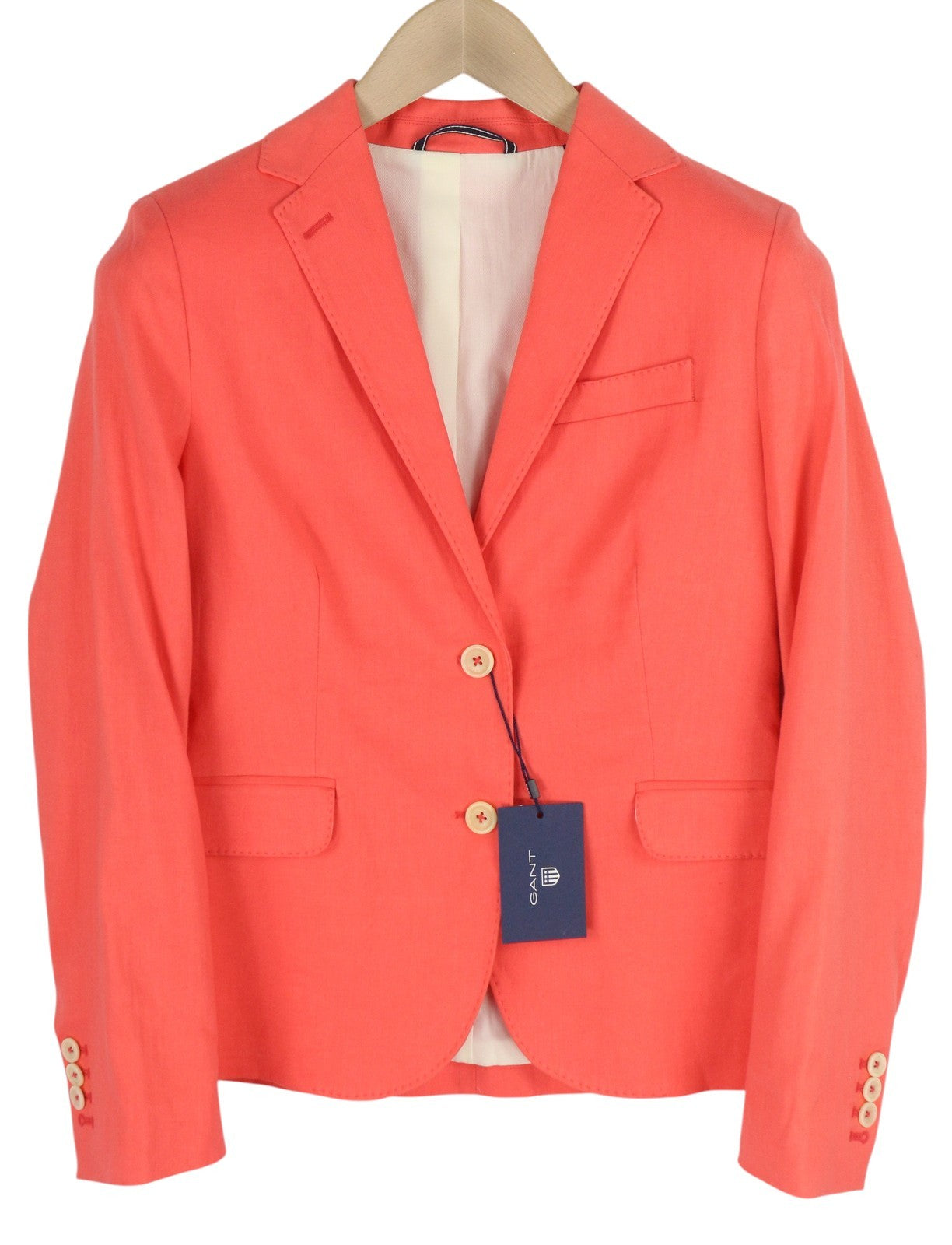 GANT Women Blazer EU38 Coral Linen Blend Notch Lapel Logo Lined