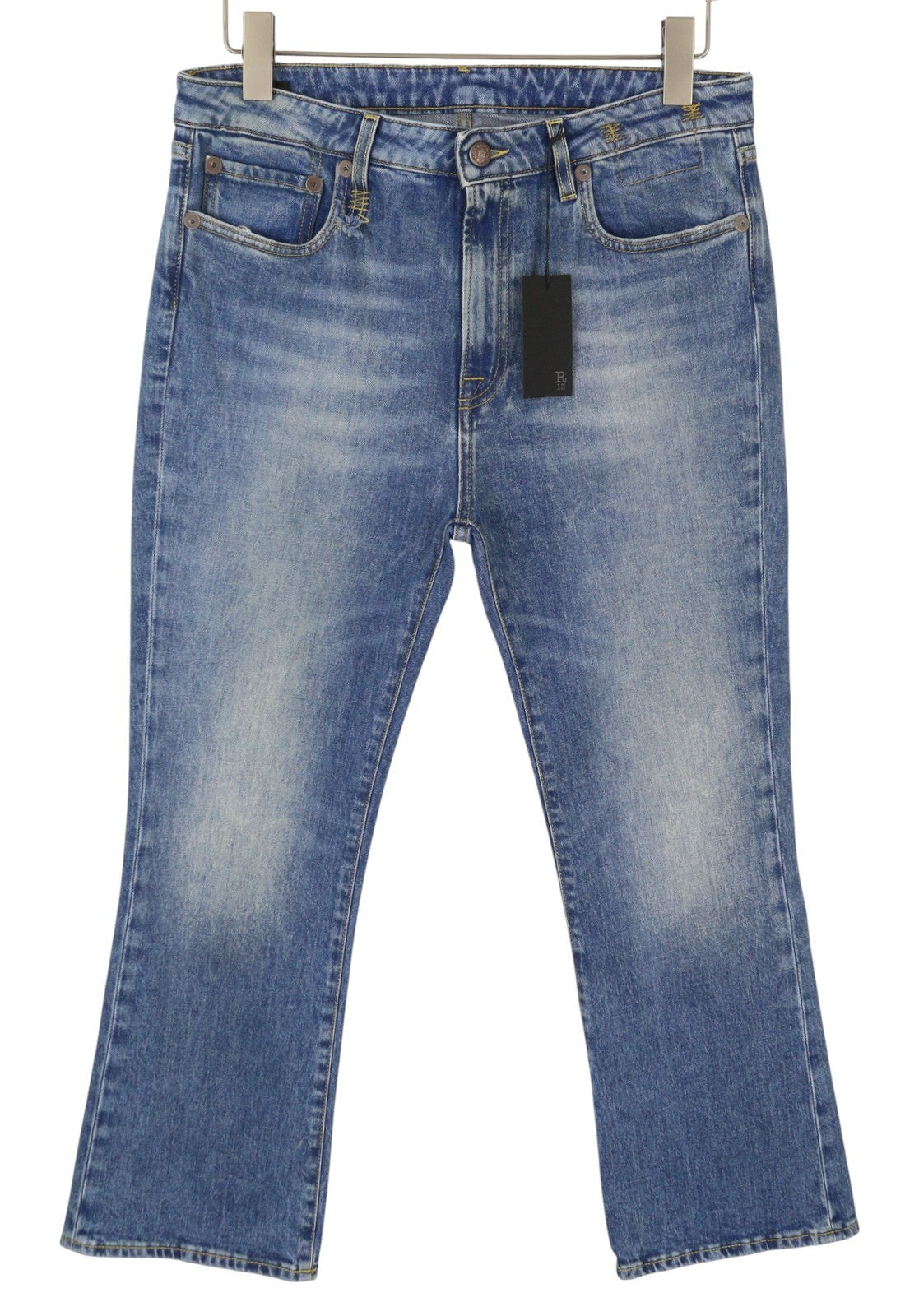 R13 Kick Fit Women Jeans 32 Jasper Stretch Cropped Whiskers Faded Flare PS26