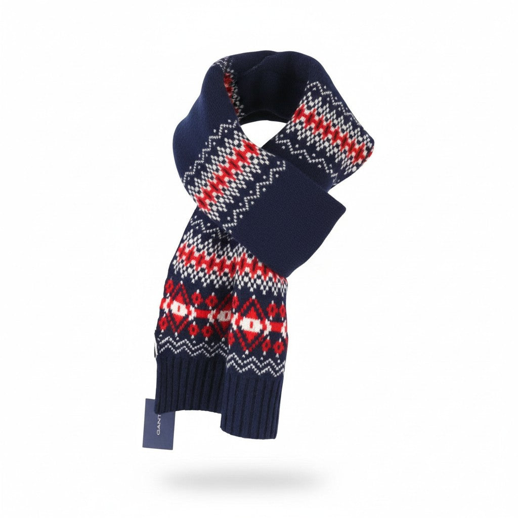GANT Holiday Fair Isle Men Scarf OS Evening Blue Wool Knit Patterned Unisex