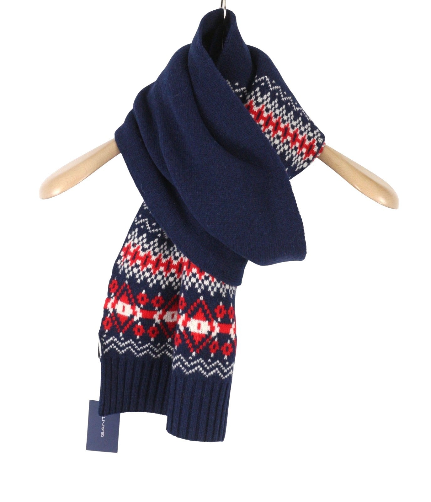 GANT Holiday Fair Isle Men Scarf OS Evening Blue Wool Knit Patterned Unisex