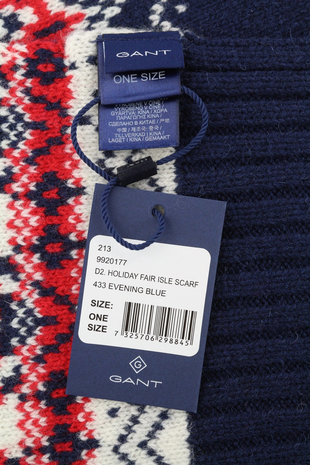 GANT Holiday Fair Isle Men Scarf OS Evening Blue Wool Knit Patterned Unisex