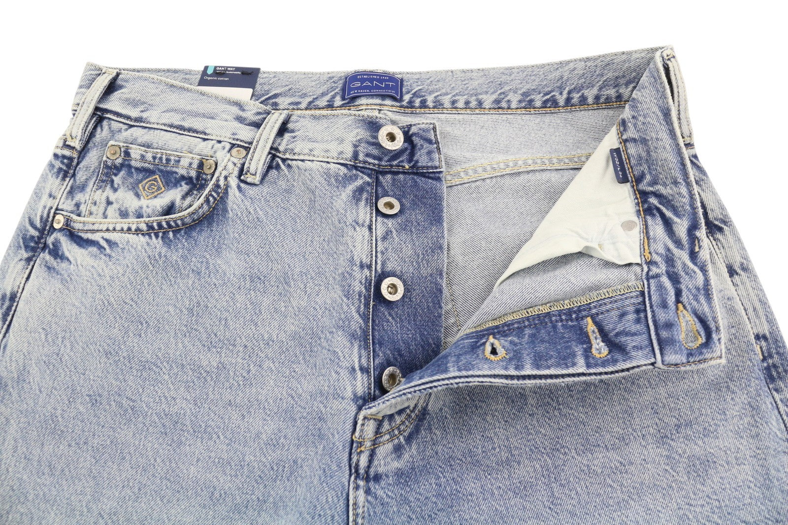 GANT Relaxed Classic Men Jeans W32/L36 Light Blue Bronken In Faded Button Fly