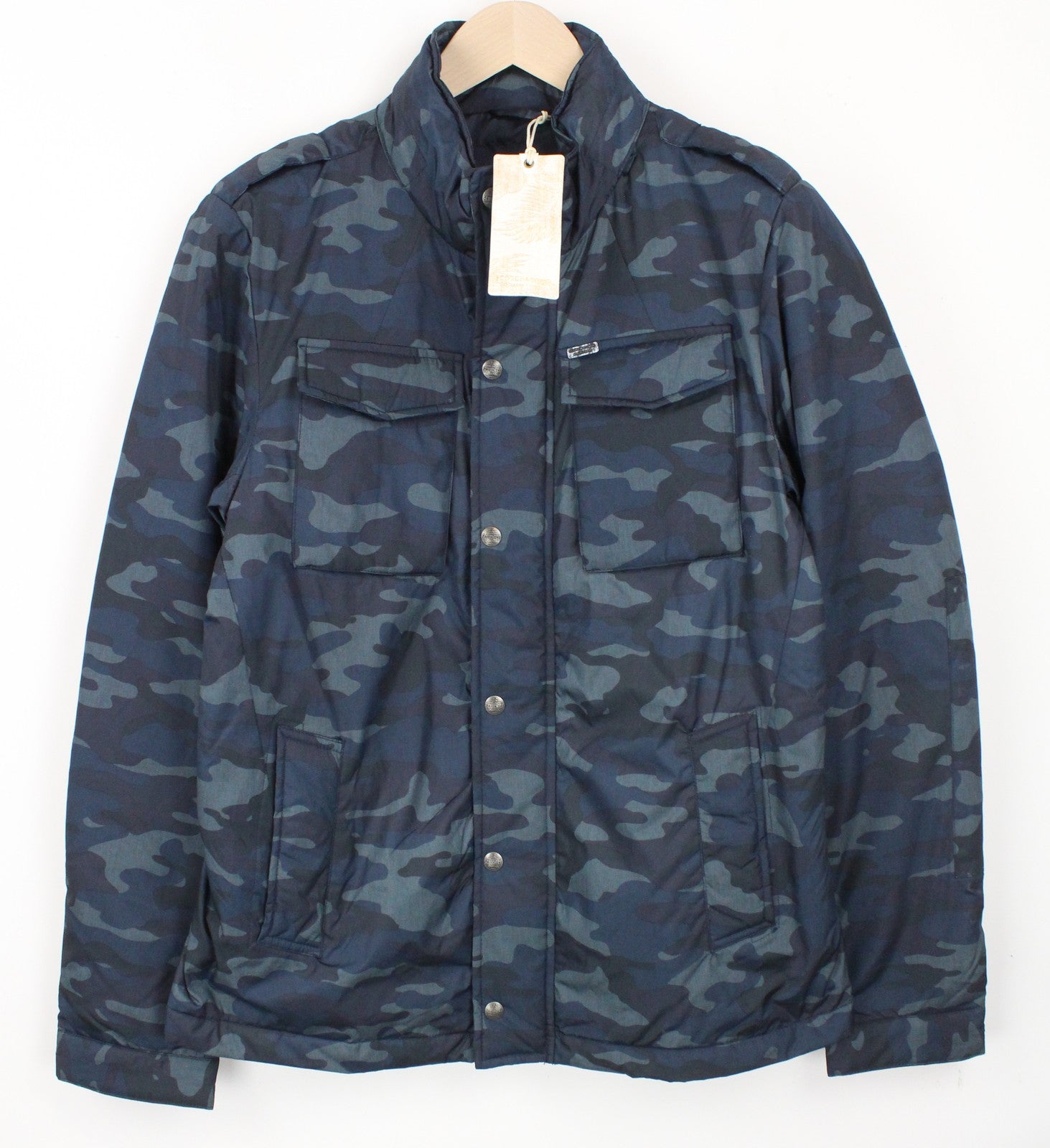 SCOTCH & SODA Men Jacket L Dark Blue Padded Military Camouflage Pattern Hooded