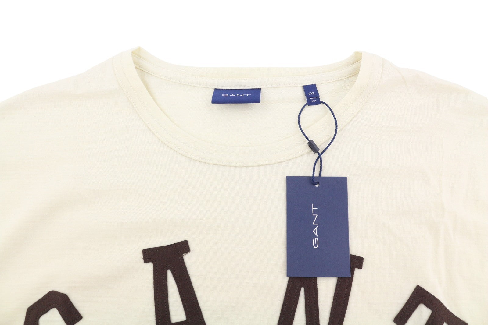 GANT Wool Jersey LS Men T-Shirt 2XL Cream Crew Neck Logo Tricot Long Sleeve