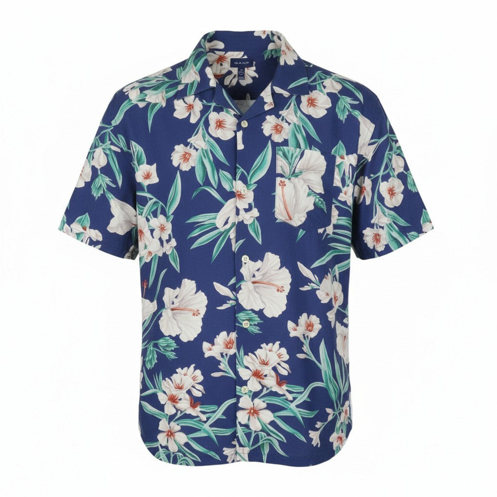 GANT PP Floral Lyocell SS Camp Men Shirt M Deep Blue Patch Pocket Short Sleeve