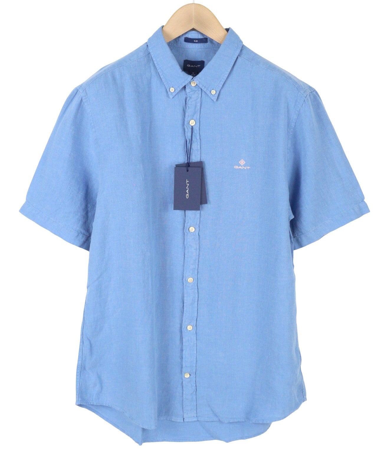 GANT GMT Dyed Linen Slim BD SS Men Shirt XL Mid Blue Button-Up Short Sleeve