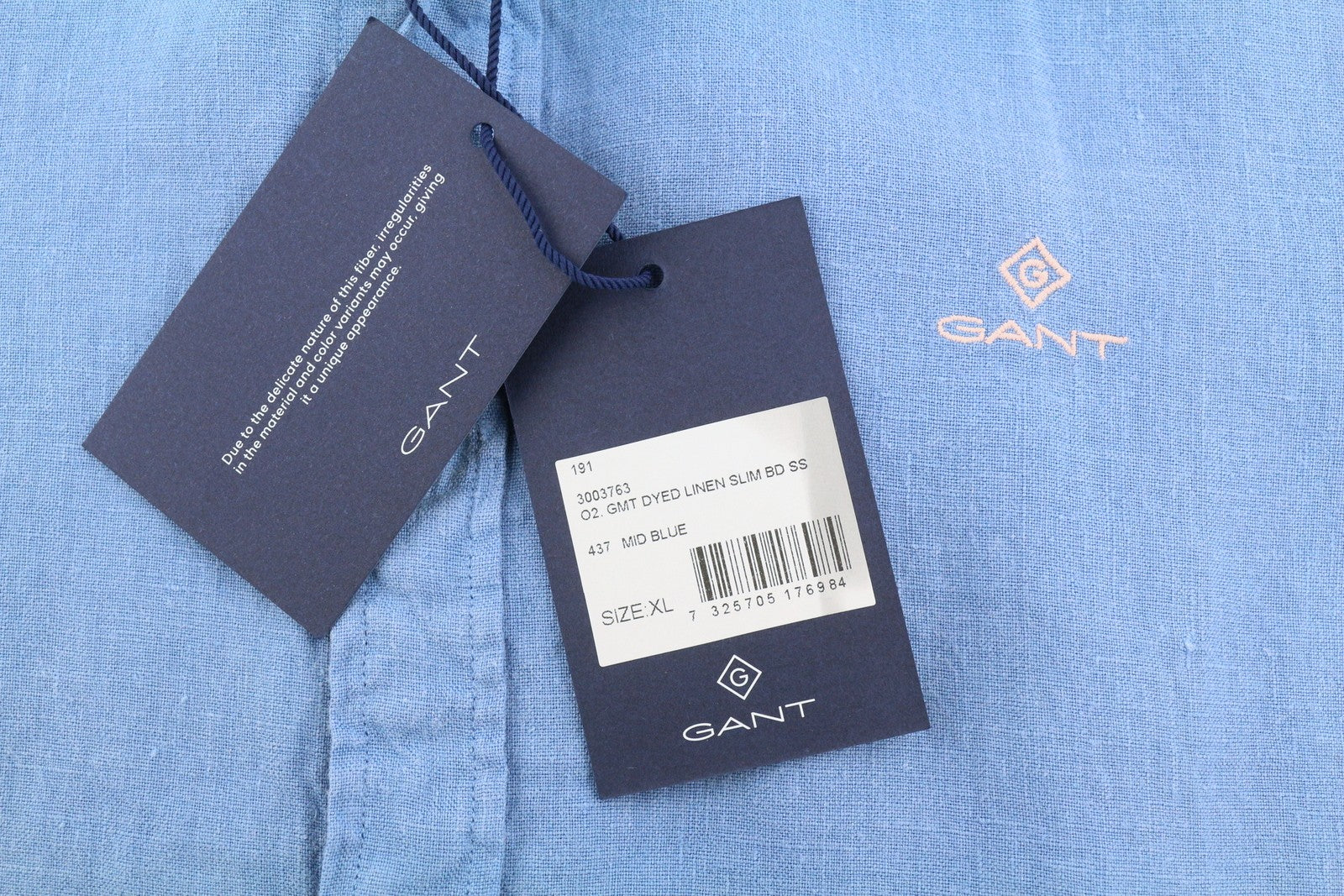 GANT GMT Dyed Linen Slim BD SS Men Shirt XL Mid Blue Button-Up Short Sleeve