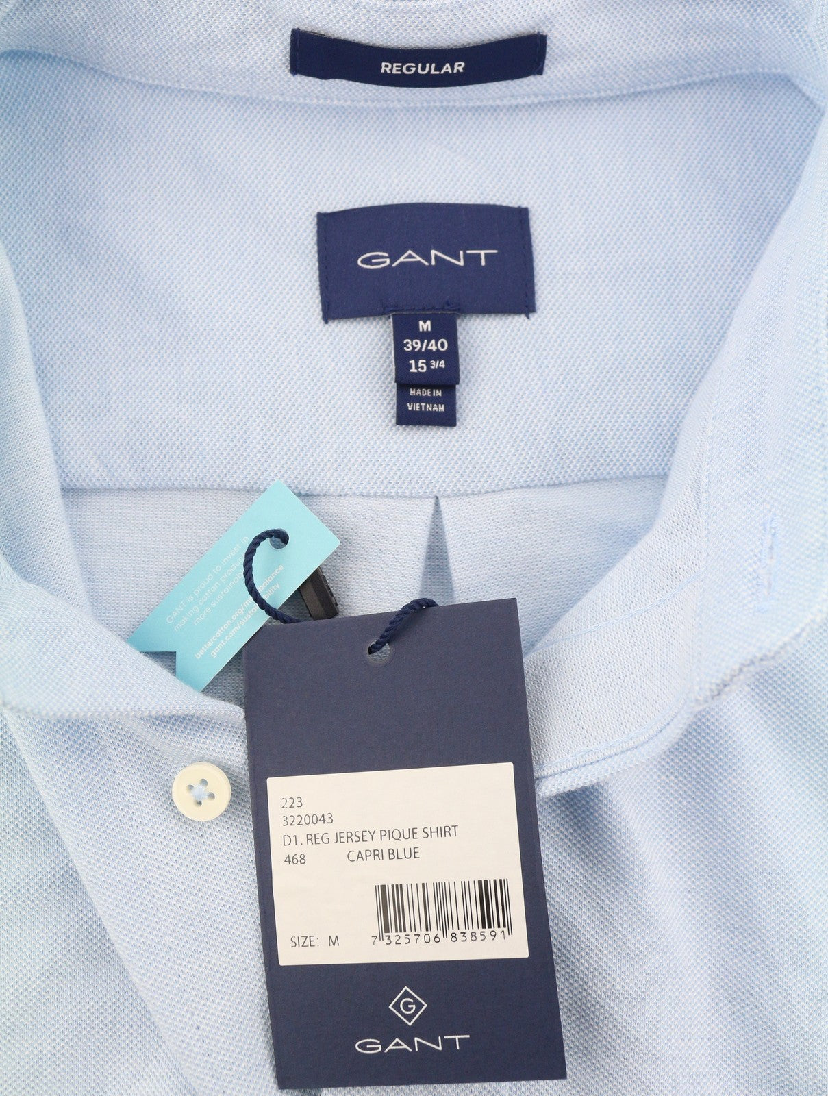 GANT Reg Jersey Pique Men Shirt M Capri Blue Button-Down Neck Casual