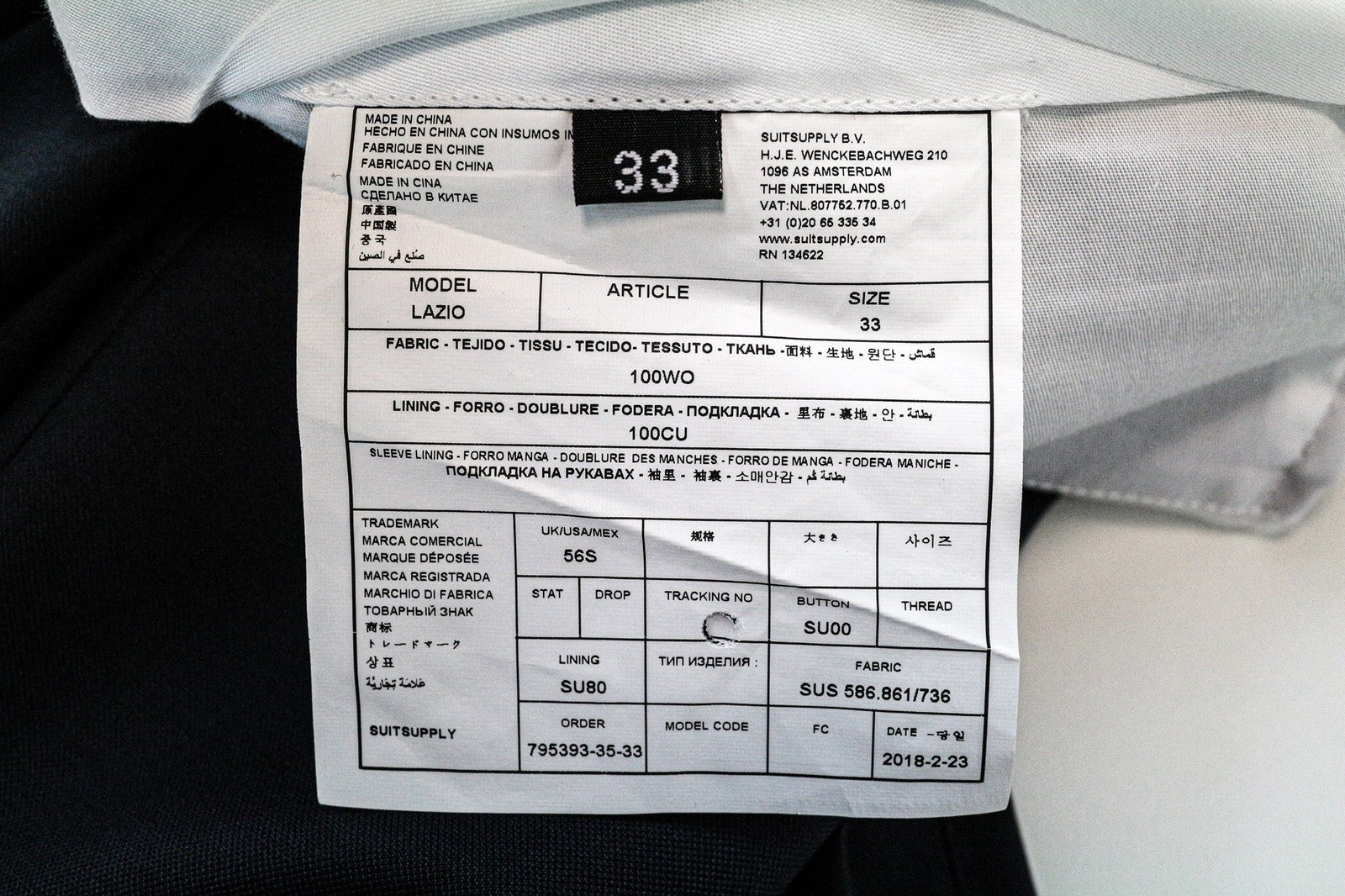 SUITSUPPLY Lazio Men's Trousers UK56S Blue Slim Melange Wool Classic Flat-Front