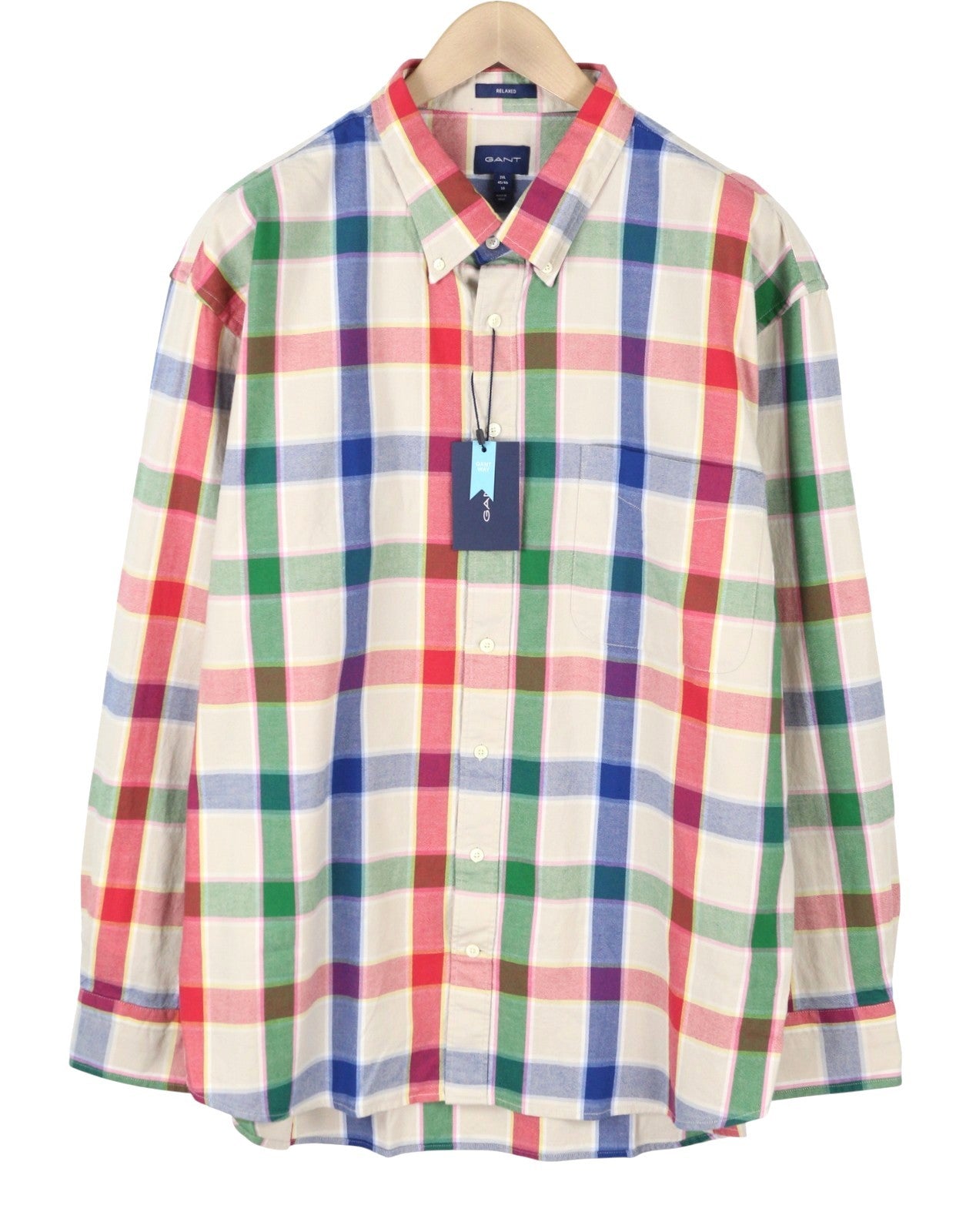 GANT Rel Oxford Check BD Men Shirt 2XL Putty Patch Pocket Button-Down Neck