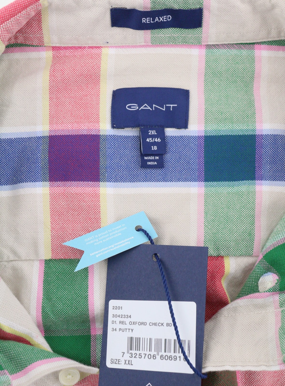 GANT Rel Oxford Check BD Men Shirt 2XL Putty Patch Pocket Button-Down Neck