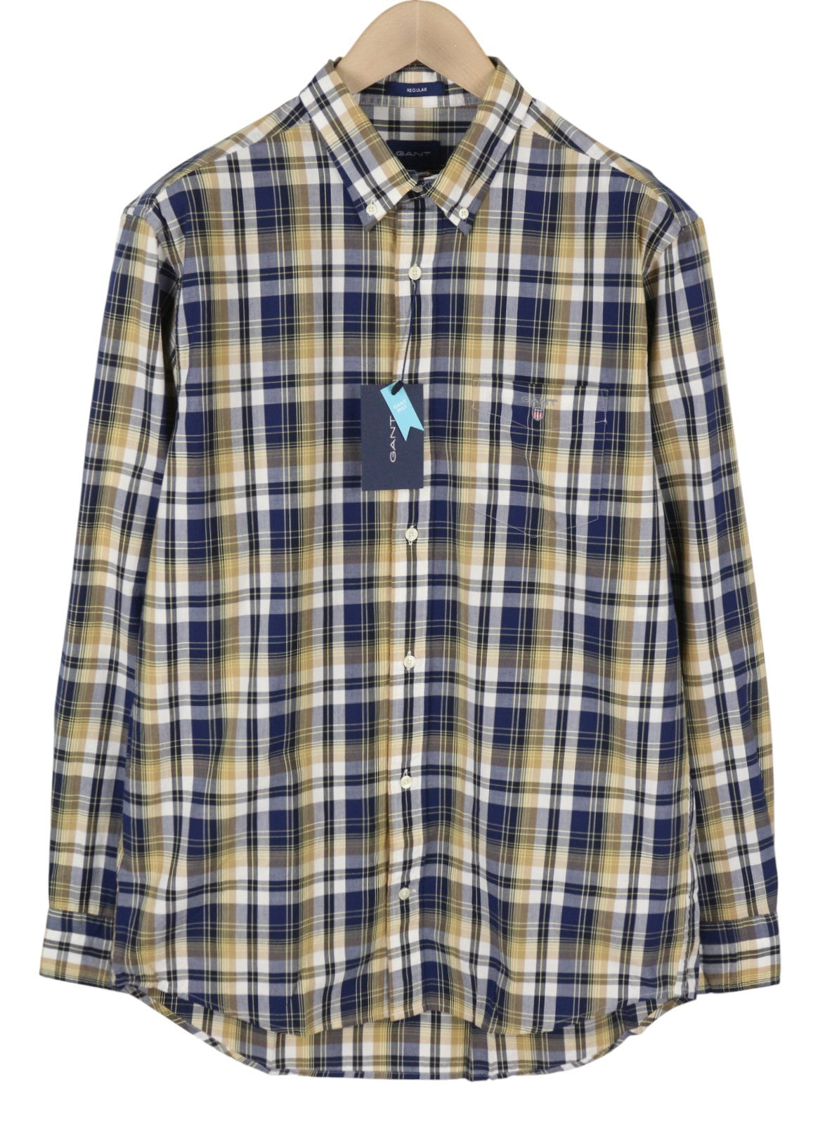 GANT Reg Washed Poplin Check Men Shirt L Hazelwood Beige Button-Up Casual