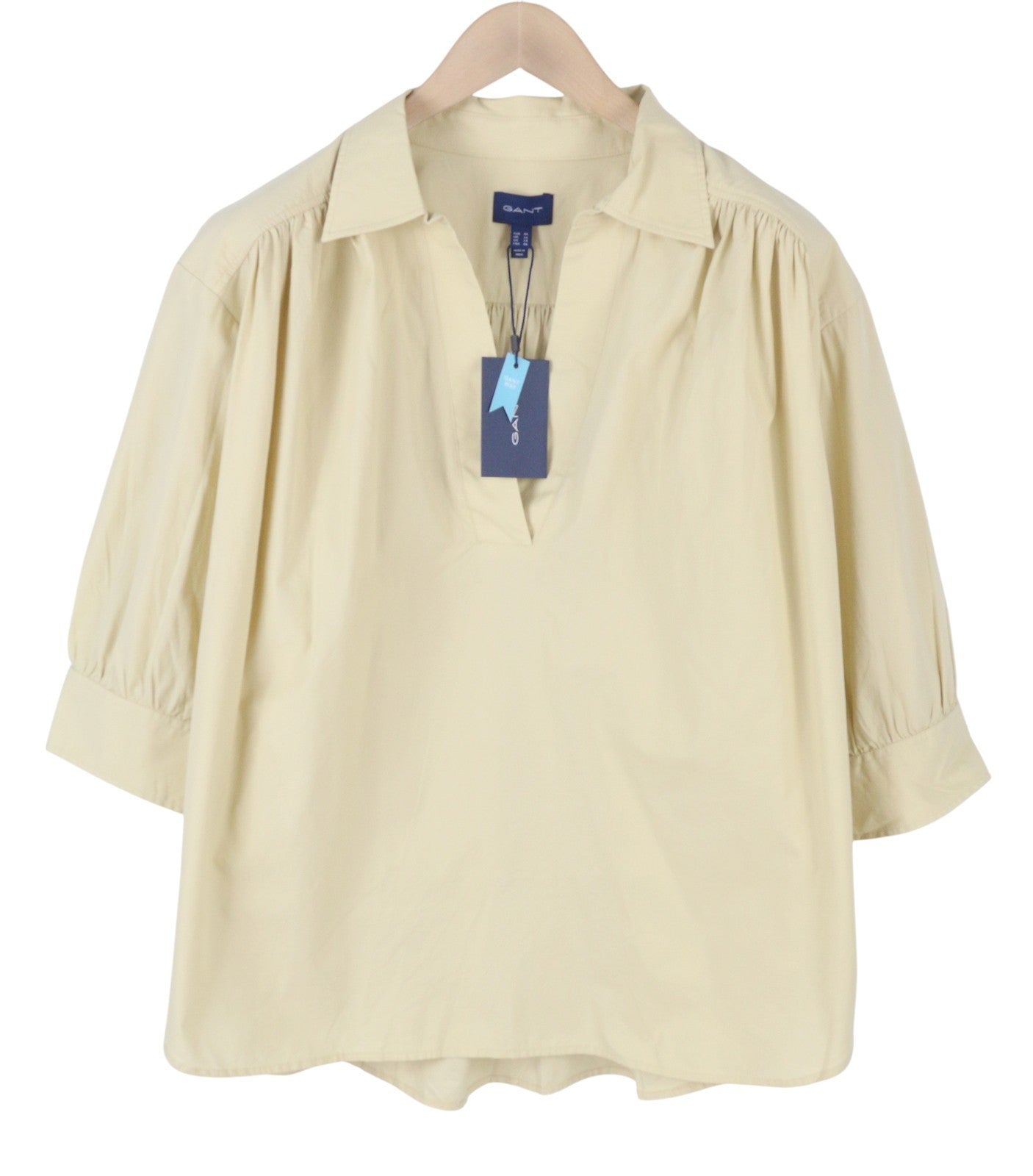 GANT Lux Poplin Popover Women Blouse EU44 Desert Beige Relaxed Cut 3/4 Sleeves