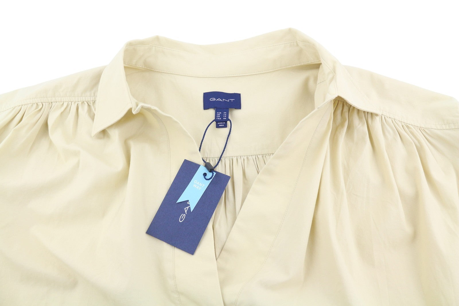 GANT Lux Poplin Popover Women Blouse EU44 Desert Beige Relaxed Cut 3/4 Sleeves