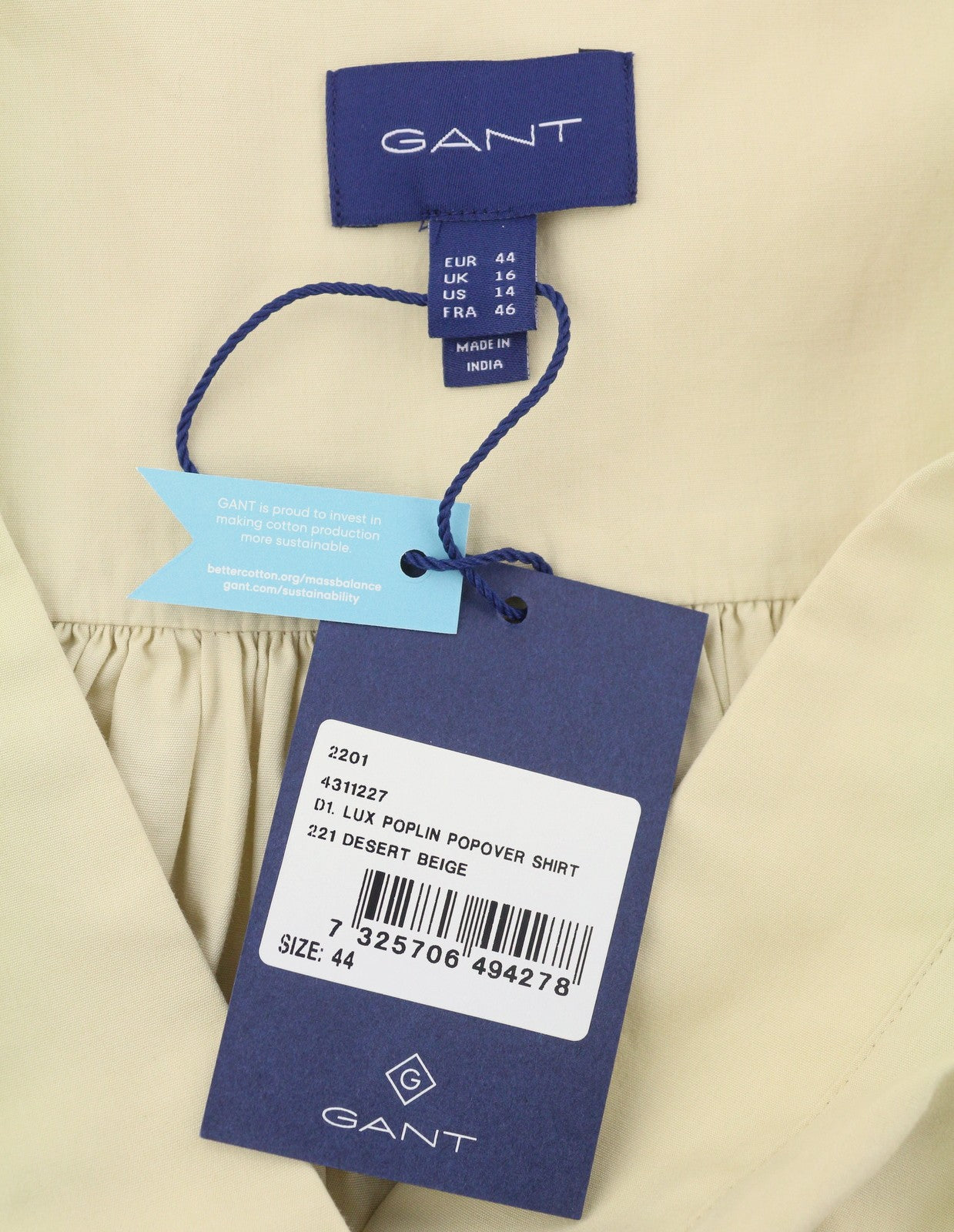 GANT Lux Poplin Popover Women Blouse EU44 Desert Beige Relaxed Cut 3/4 Sleeves